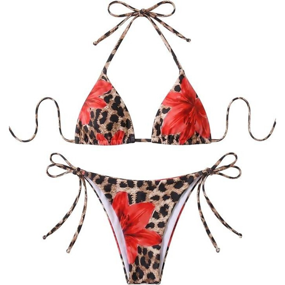 MSRP $35 QJQ Women's M 2 Piece Bikini Set Floral Leopard Halter Triangle Bathing